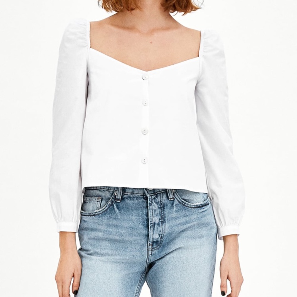 Zara White Puffy Sleeve Square Neck Blouse Top